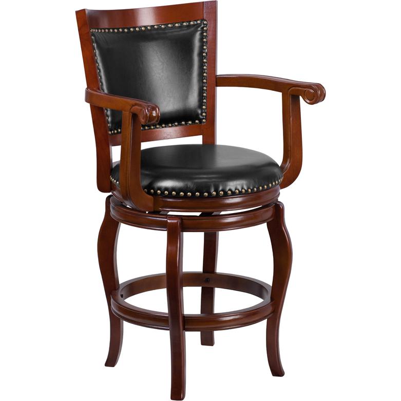 26'' High Cherry Wood Counter Height Stool, Panel Back and Black Swivel Seat. Picture 1