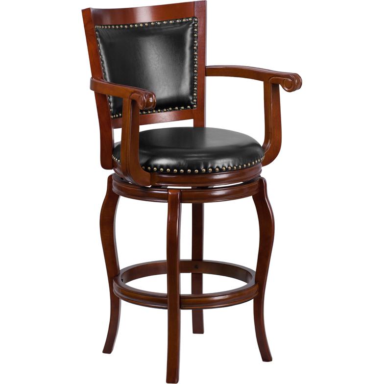 30'' High Cherry Wood Barstool with Arms, Panel Back and Black LeatherSoft Swivel Seat. Picture 1