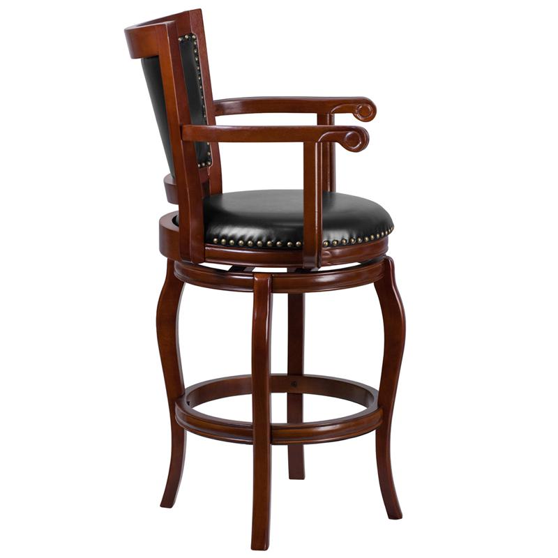 30'' High Cherry Wood Barstool with Arms, Panel Back and Black LeatherSoft Swivel Seat. Picture 2