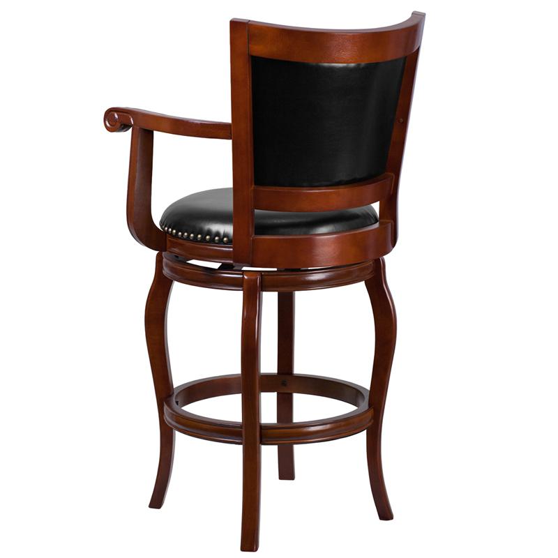 30'' High Cherry Wood Barstool with Arms, Panel Back and Black LeatherSoft Swivel Seat. Picture 3