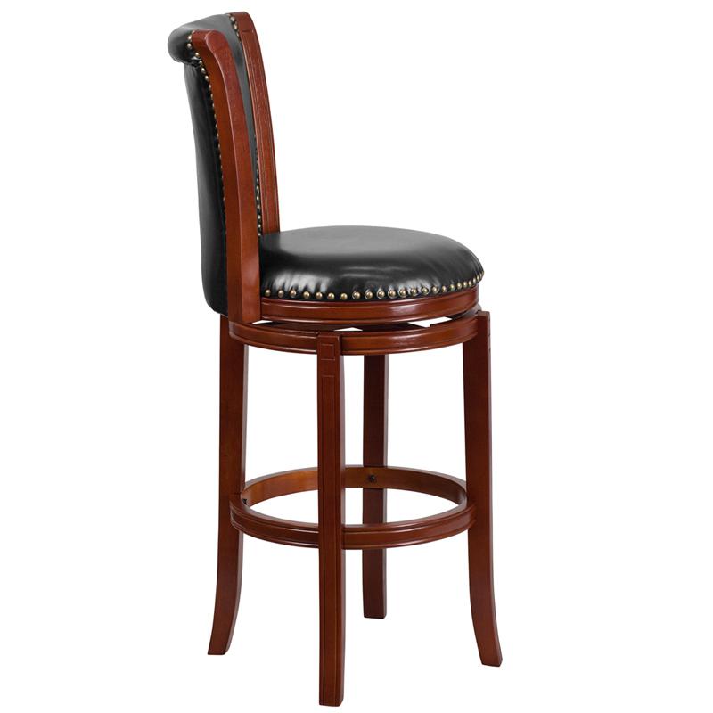 30'' High Dark Chestnut Wood Barstool with Panel Back and Black Swivel Seat. Picture 2