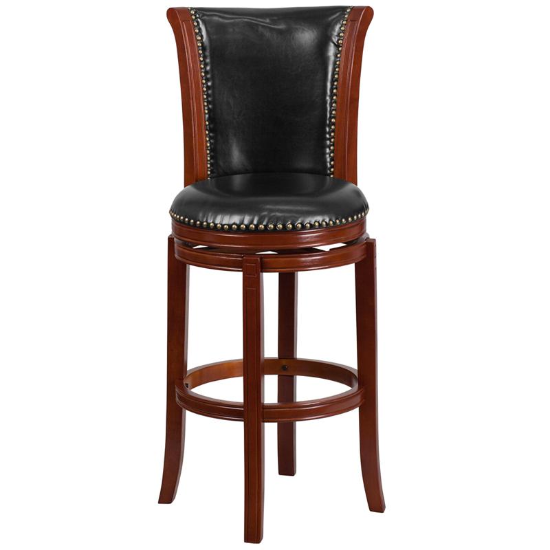 30'' High Dark Chestnut Wood Barstool with Panel Back and Black Swivel Seat. Picture 4