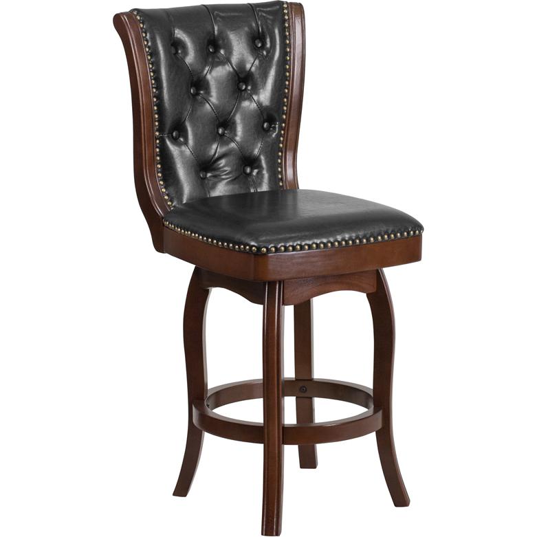 26'' High Cappuccino Wood Counter Height Stool with Button Tufted Back and Black LeatherSoft Swivel Seat. Picture 1