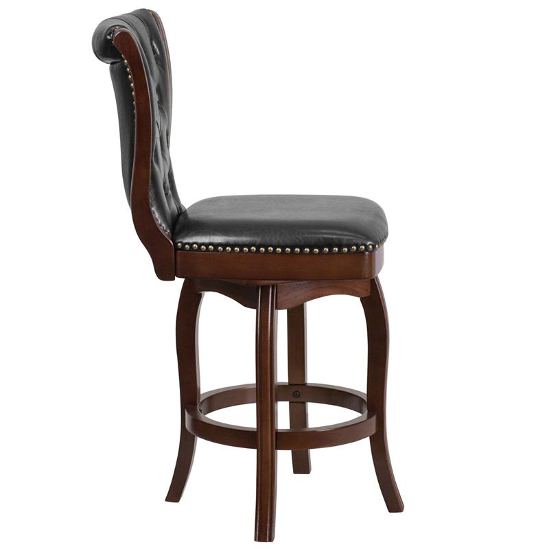 26'' High Cappuccino Wood Counter Height Stool with Button Tufted Back and Black LeatherSoft Swivel Seat. Picture 2