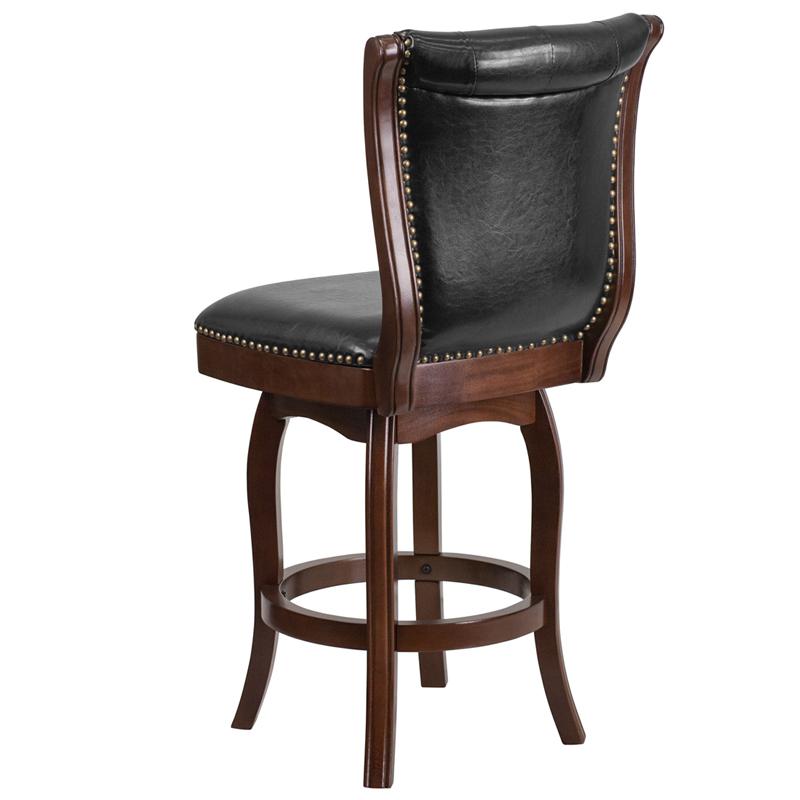 26'' High Cappuccino Wood Counter Height Stool with Button Tufted Back and Black LeatherSoft Swivel Seat. Picture 3