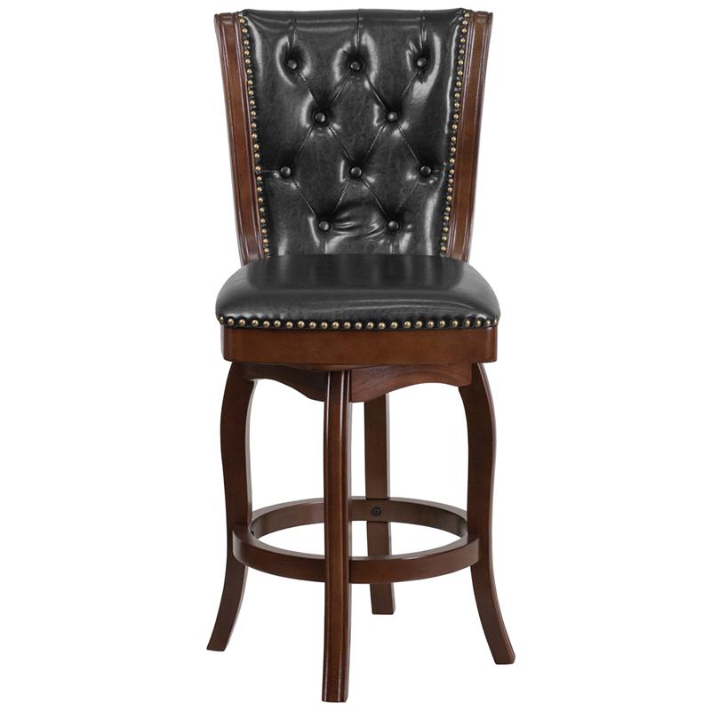 26'' High Cappuccino Wood Counter Height Stool with Button Tufted Back and Black LeatherSoft Swivel Seat. Picture 4