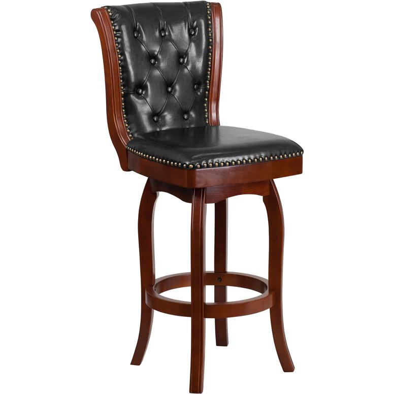 30'' High Cherry Wood Barstool with Button Tufted Back and Black Swivel Seat. Picture 1