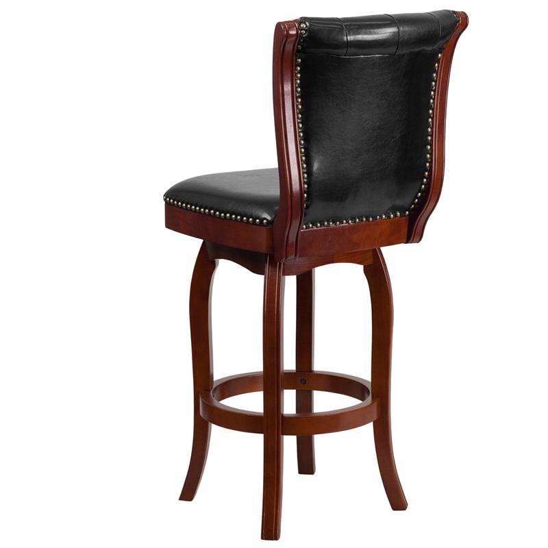 30'' High Cherry Wood Barstool with Button Tufted Back and Black Swivel Seat. Picture 3