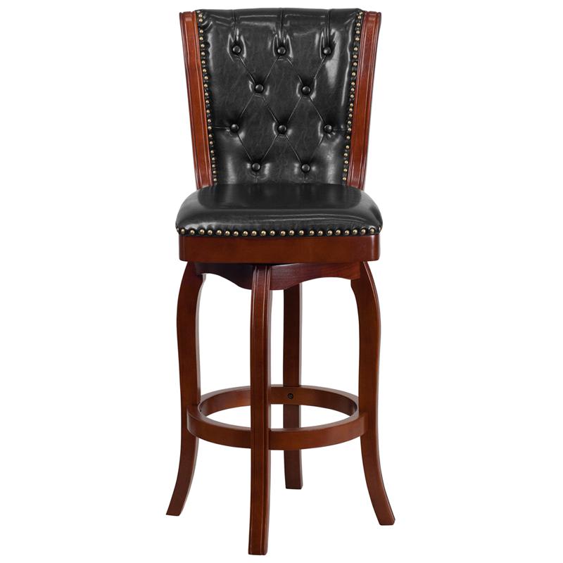 30'' High Cherry Wood Barstool with Button Tufted Back and Black Swivel Seat. Picture 4