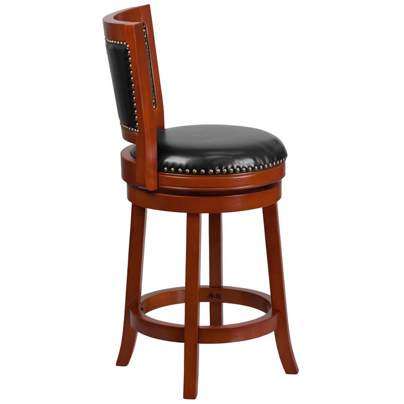 26'' High Light Cherry Wood Counter Height Stool with Open Panel Back and Black LeatherSoft Swivel Seat. Picture 2