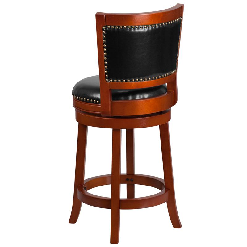 26'' High Light Cherry Wood Counter Height Stool with Open Panel Back and Black LeatherSoft Swivel Seat. Picture 3