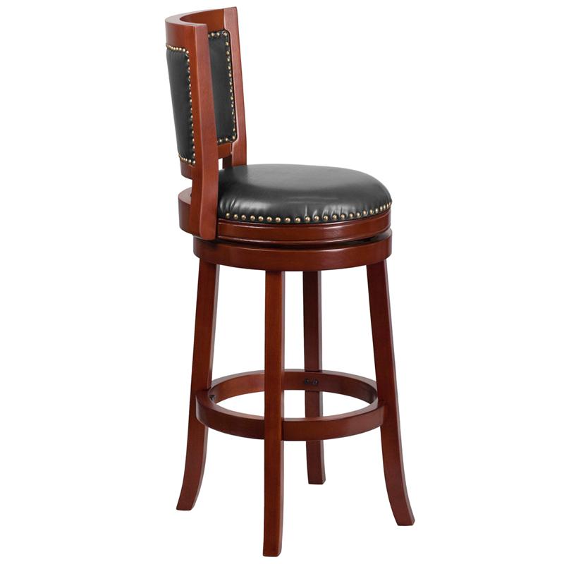 30'' High Dark Cherry Wood Barstool with Open Panel Back and Walnut LeatherSoft Swivel Seat. Picture 2