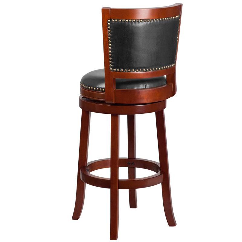 30'' High Dark Cherry Wood Barstool with Open Panel Back and Walnut LeatherSoft Swivel Seat. Picture 3