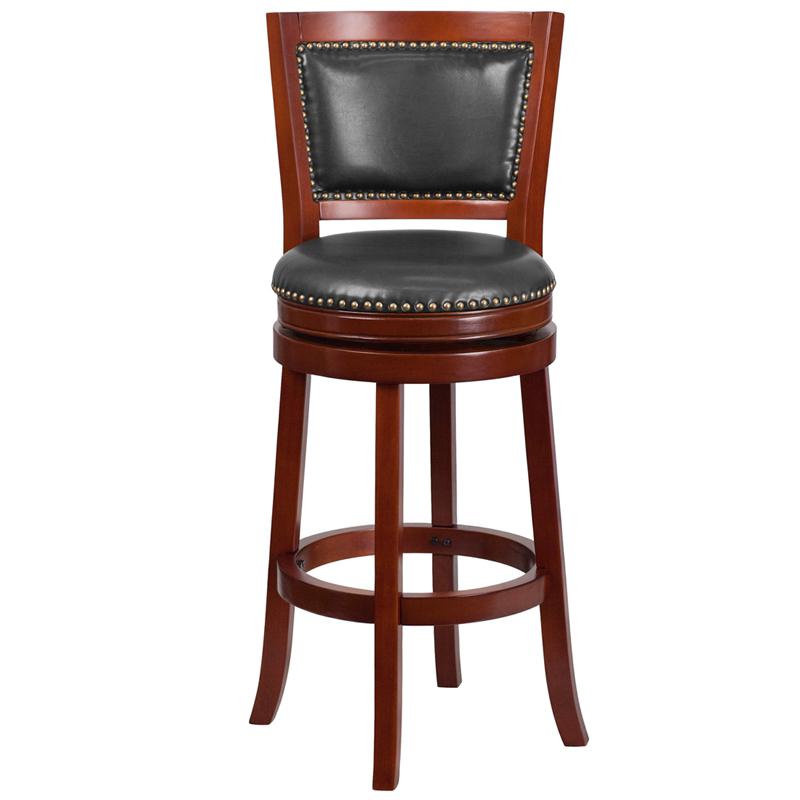 30'' High Dark Cherry Wood Barstool with Open Panel Back and Walnut LeatherSoft Swivel Seat. Picture 4
