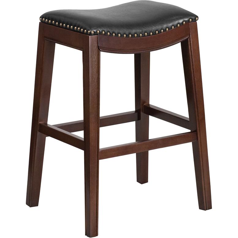 30'' High Backless Cappuccino Wood Barstool with Black LeatherSoft Saddle Seat. Picture 1