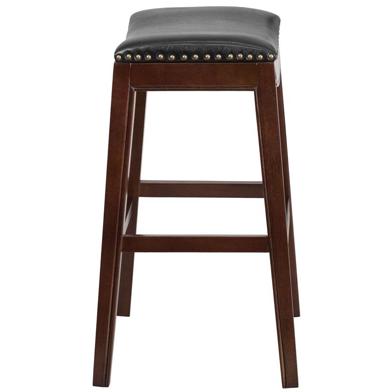 30'' High Backless Cappuccino Wood Barstool with Black LeatherSoft Saddle Seat. Picture 2