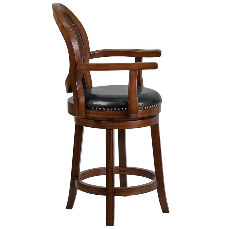 26'' High Expresso Wood Counter Height Stool with Arms, Woven Rattan Back and Black LeatherSoft Swivel Seat. Picture 2