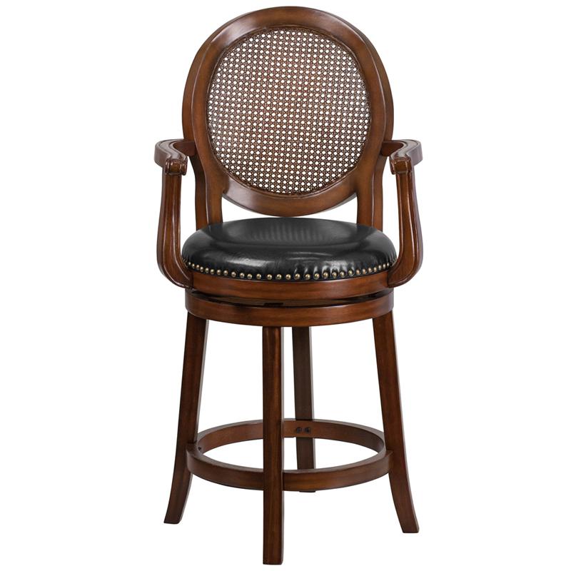 26'' High Expresso Wood Counter Height Stool with Arms, Woven Rattan Back and Black LeatherSoft Swivel Seat. Picture 4