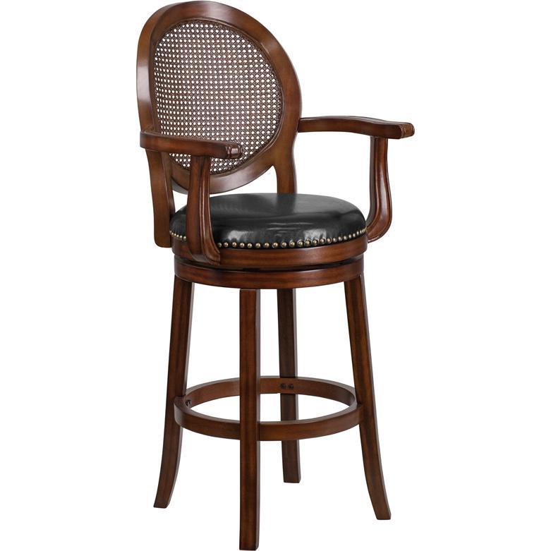 30'' High Expresso Wood Barstool, Woven Rattan Back and Black Swivel Seat. Picture 1