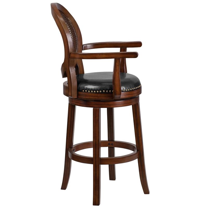 30'' High Expresso Wood Barstool, Woven Rattan Back and Black Swivel Seat. Picture 2