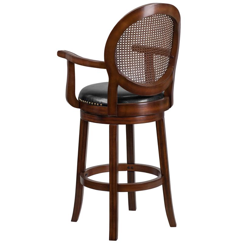 30'' High Expresso Wood Barstool, Woven Rattan Back and Black Swivel Seat. Picture 3