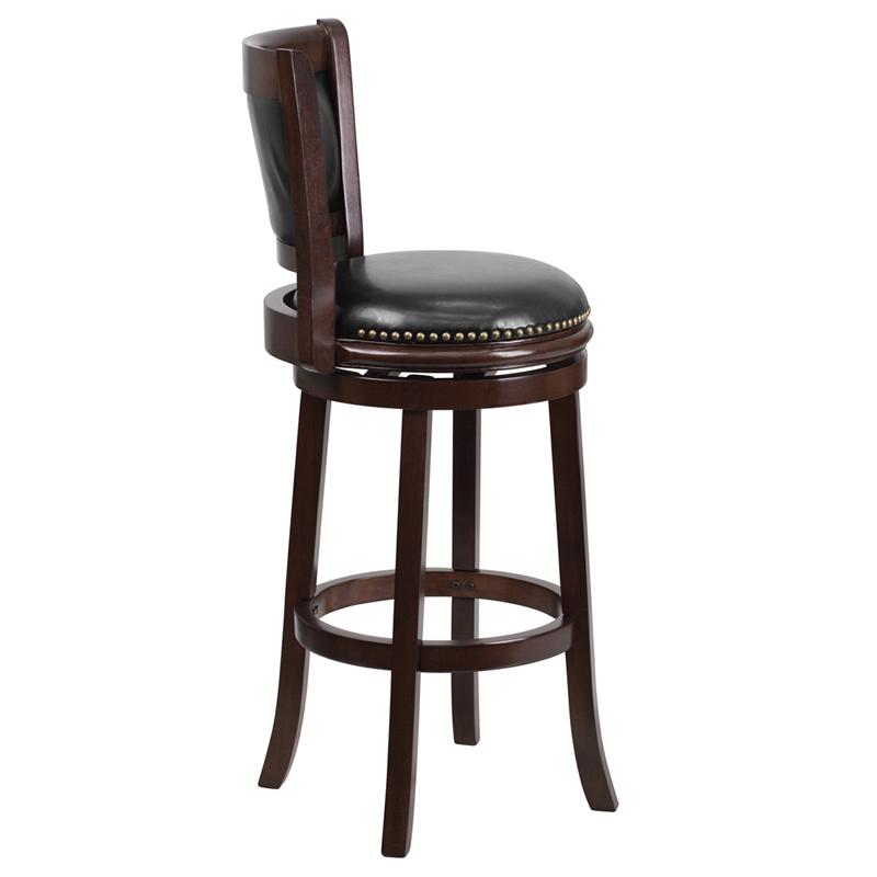 29'' High Cappuccino Wood Barstool with Panel Back and Black LeatherSoft Swivel Seat. Picture 2