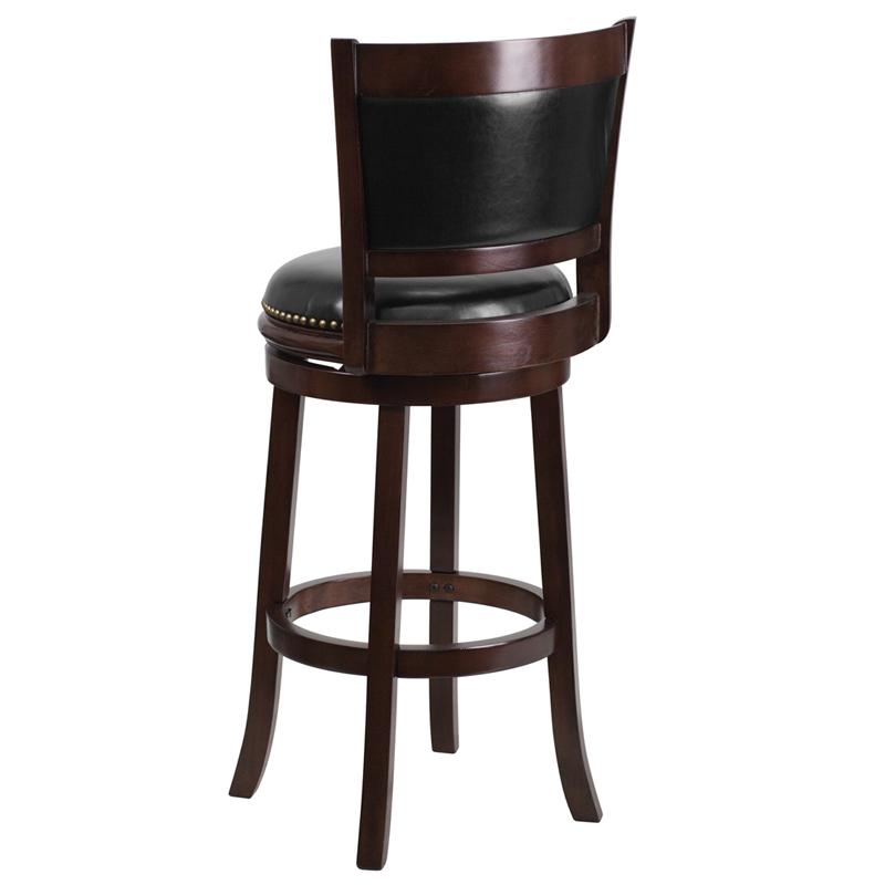 29'' High Cappuccino Wood Barstool with Panel Back and Black LeatherSoft Swivel Seat. Picture 3
