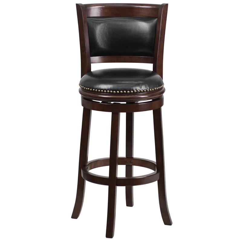 29'' High Cappuccino Wood Barstool with Panel Back and Black LeatherSoft Swivel Seat. Picture 4