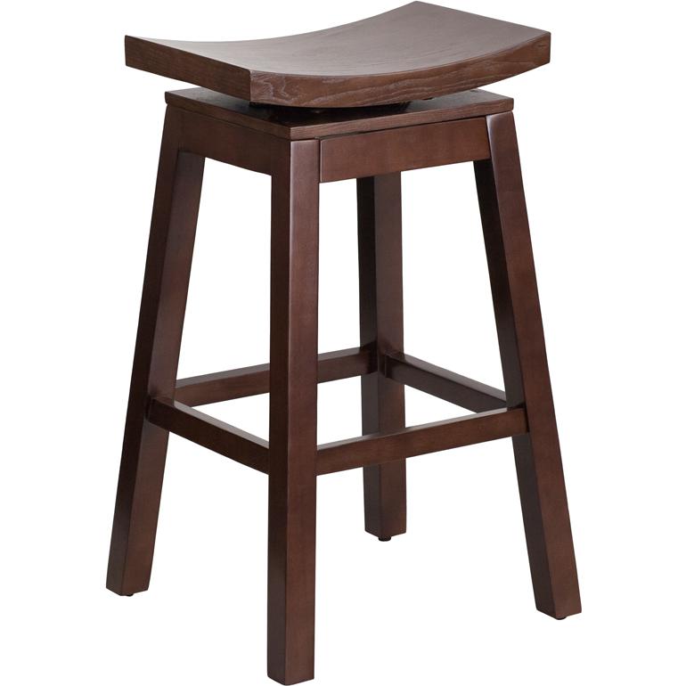 30'' High Saddle Seat Cappuccino Wood Barstool with Auto Swivel Seat Return. Picture 1