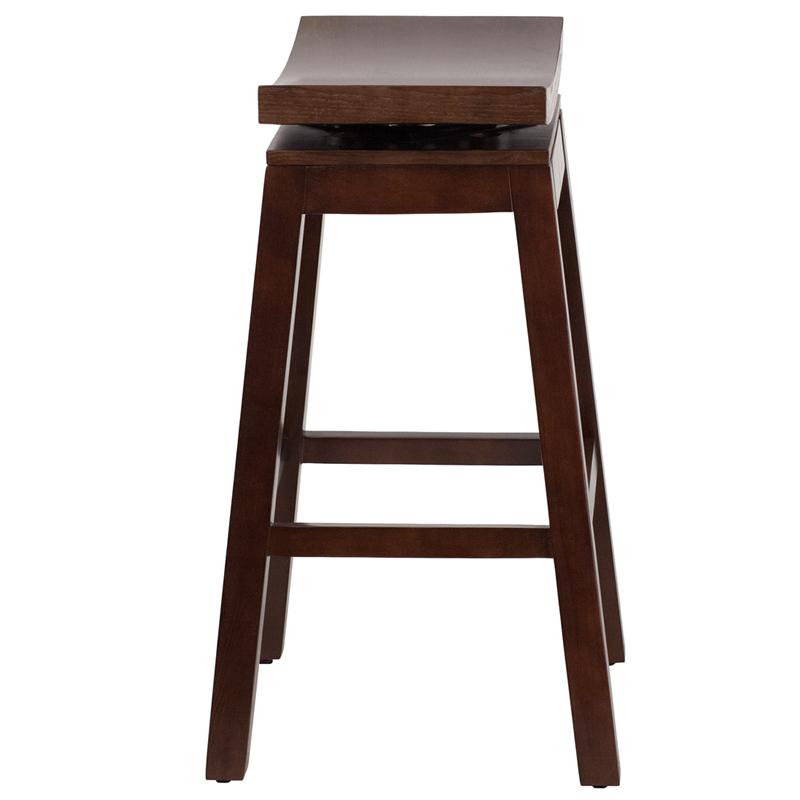 30'' High Saddle Seat Cappuccino Wood Barstool with Auto Swivel Seat Return. Picture 2