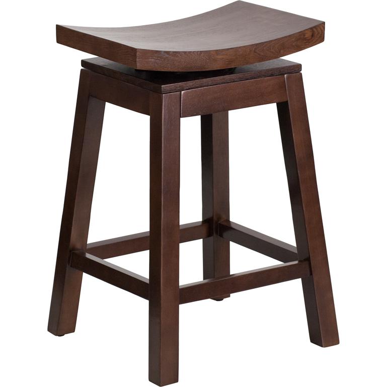 26'' High Saddle Seat Cappuccino Wood Counter Height Stool with Auto Swivel Seat Return. The main picture.