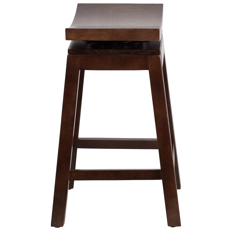 26'' High Saddle Seat Cappuccino Wood Counter Height Stool with Auto Swivel Seat Return. Picture 2