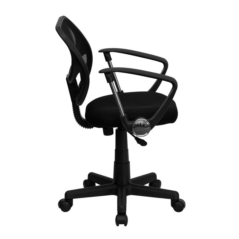 Low Back Black Mesh Swivel Task Office Chair with Curved Square Back and Arms. Picture 2