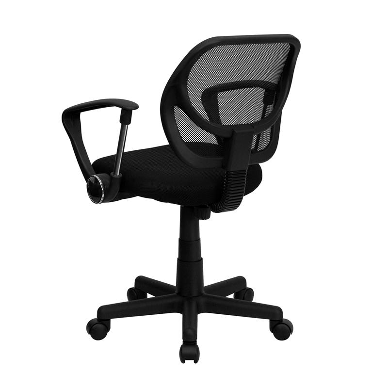 Low Back Black Mesh Swivel Task Office Chair with Curved Square Back and Arms. Picture 3