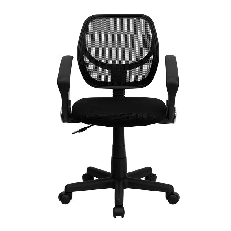 Low Back Black Mesh Swivel Task Office Chair with Curved Square Back and Arms. Picture 4