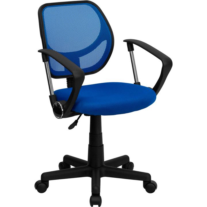 Low Back Blue Mesh Swivel Task Office Chair with Curved Square Back and Arms. The main picture.