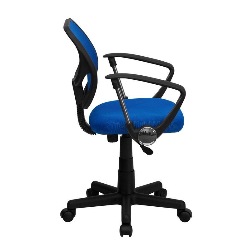 Low Back Blue Mesh Swivel Task Office Chair with Curved Square Back and Arms. Picture 2