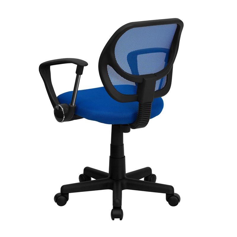 Low Back Blue Mesh Swivel Task Office Chair with Curved Square Back and Arms. Picture 3