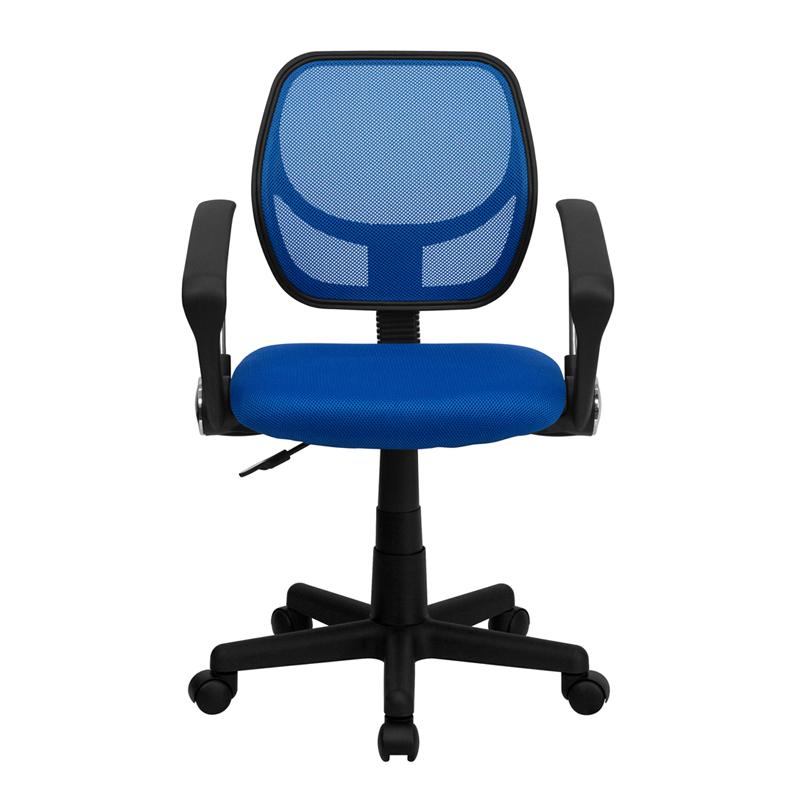 Low Back Blue Mesh Swivel Task Office Chair with Curved Square Back and Arms. Picture 4