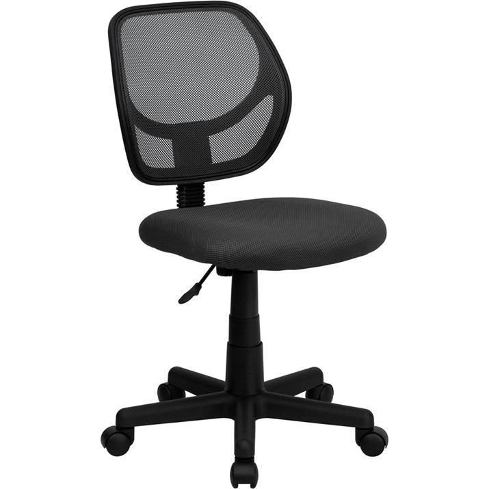 Low Back Gray Mesh Swivel Task Office Chair with Curved Square Back. The main picture.