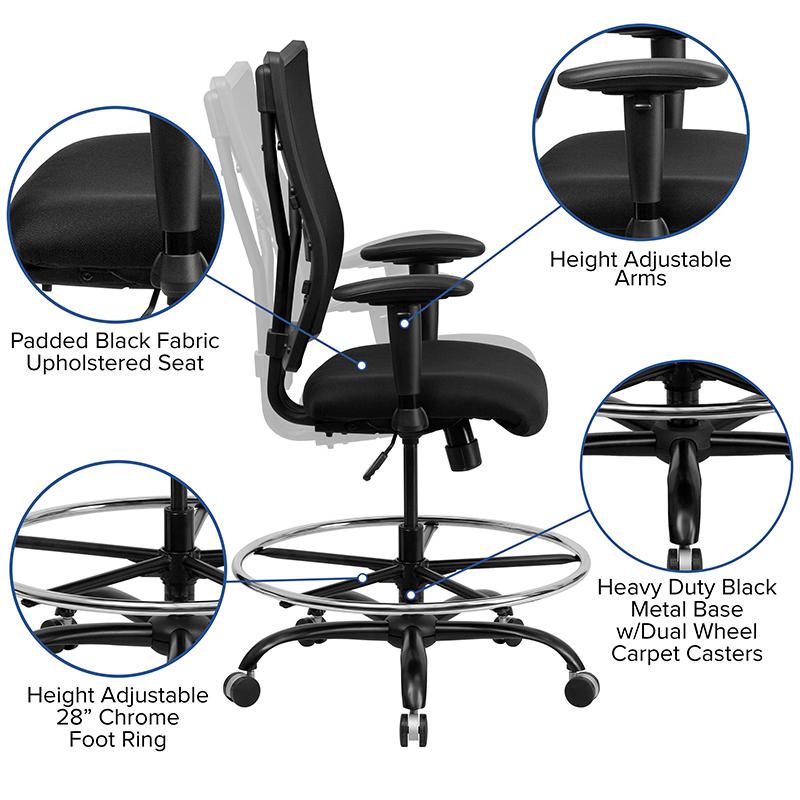 HERCULES Series Big & Tall 400 lb. Rated Black Mesh Ergonomic Drafting Chair with Adjustable Arms. Picture 5