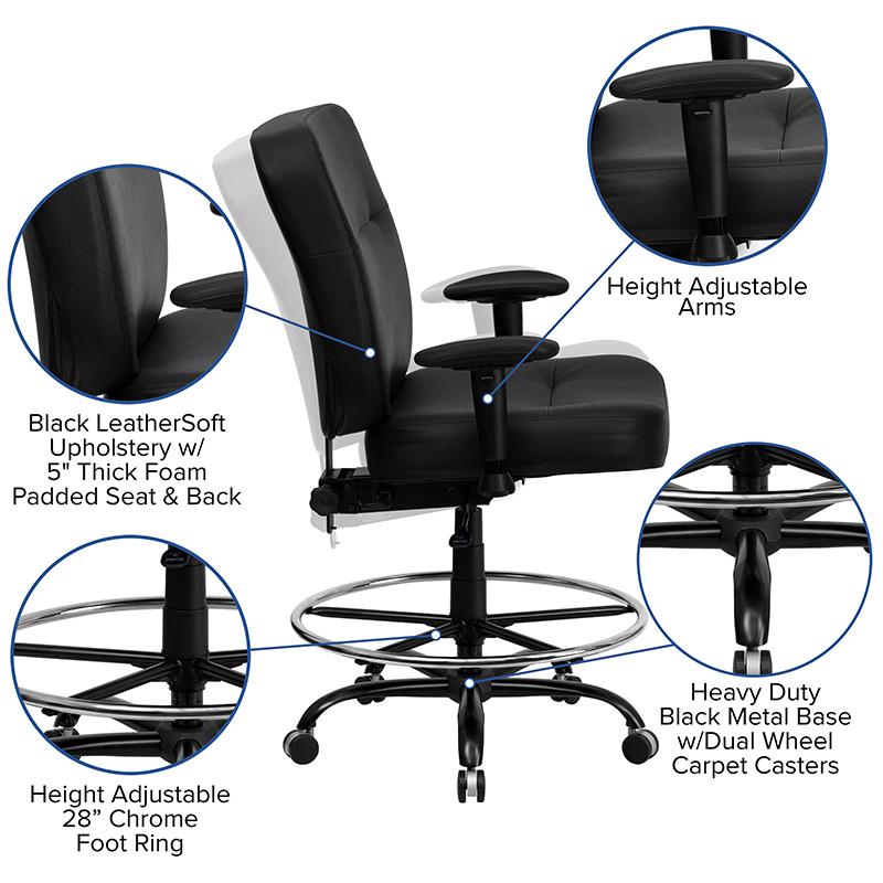 HERCULES Series Big & Tall 400 lb. Rated Black LeatherSoft Ergonomic Drafting Chair with Adjustable Arms. Picture 5