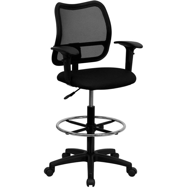 Mid-Back Black Mesh Drafting Chair with Adjustable Arms. Picture 1