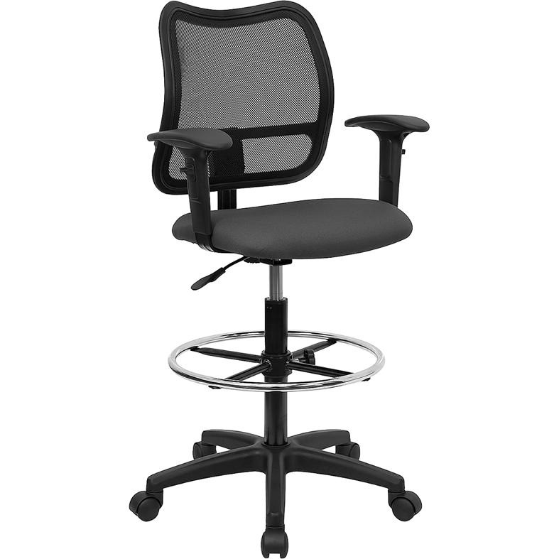 Mid-Back Gray Mesh Drafting Chair with Adjustable Arms. The main picture.