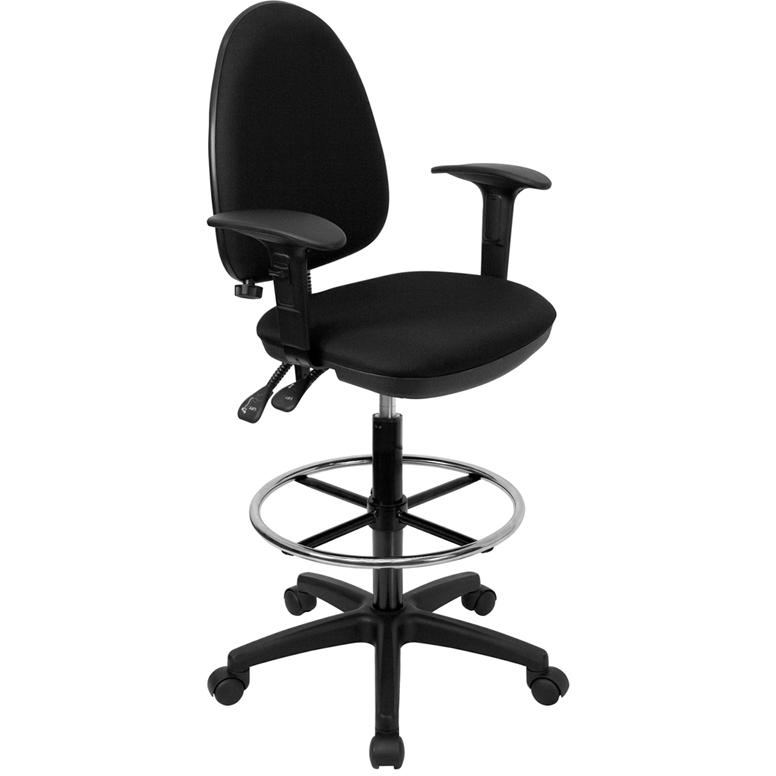 Black Fabric Ergonomic Drafting Chair-Adjustable Lumbar Support, Adjustable Arms. Picture 1