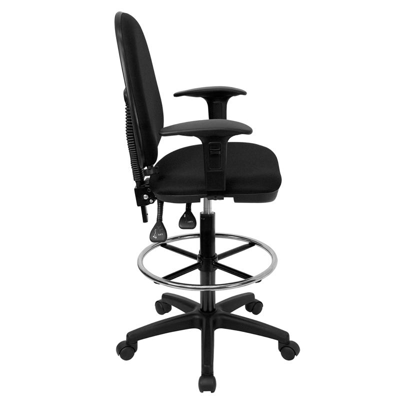 Mid-Back Black Fabric Multifunction Drafting Chair with Lumbar Support and Arms. Picture 2