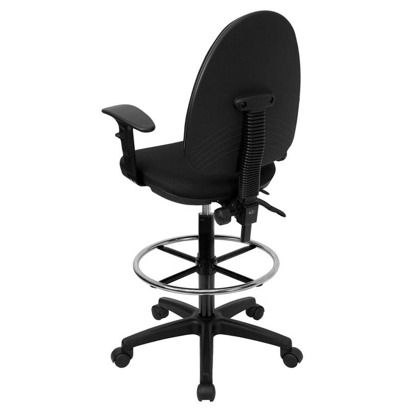 Mid-Back Black Fabric Multifunction Drafting Chair with Lumbar Support and Arms. Picture 3