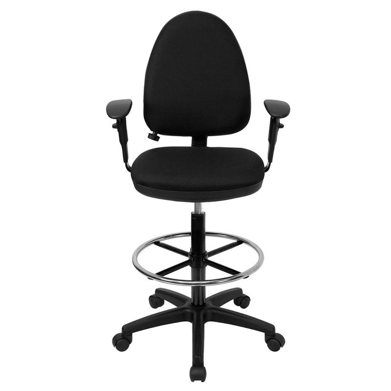 Black Fabric Ergonomic Drafting Chair-Adjustable Lumbar Support, Adjustable Arms. Picture 4