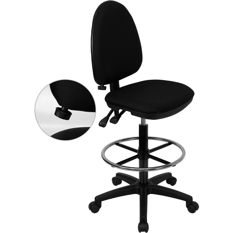 Black Fabric Ergonomic Drafting Chair with Adjustable Lumbar Support. Picture 1