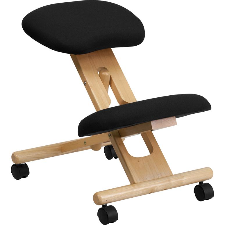 Mobile Wooden Ergonomic Kneeling Office Chair in Black Fabric. Picture 1